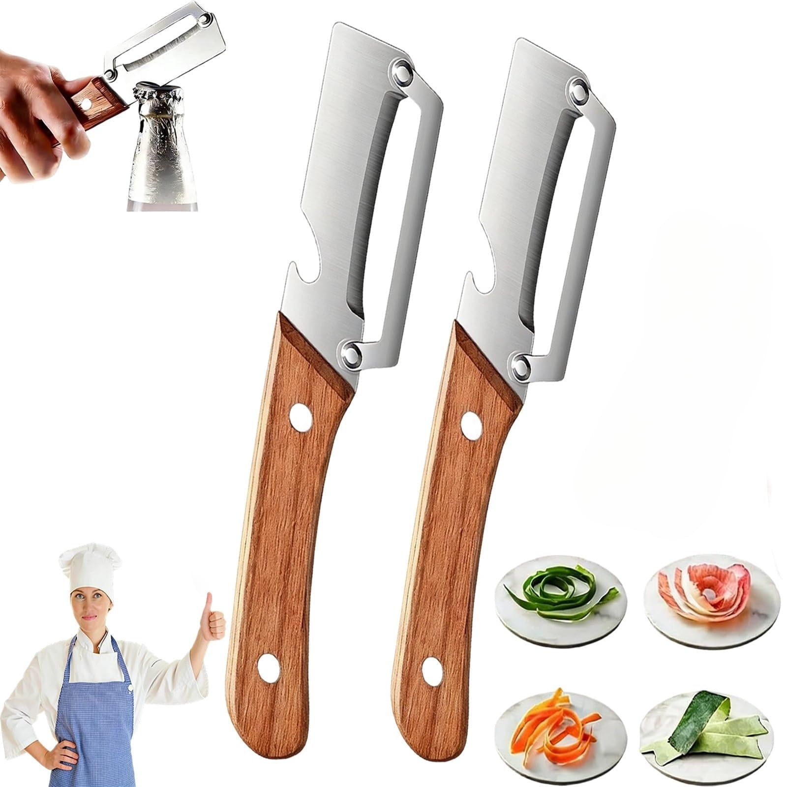 Vegetable Peeler 2-in-1 with Stainless Steel Blade and Non-Slip Wooden Handle for Fruits, Vegetables...