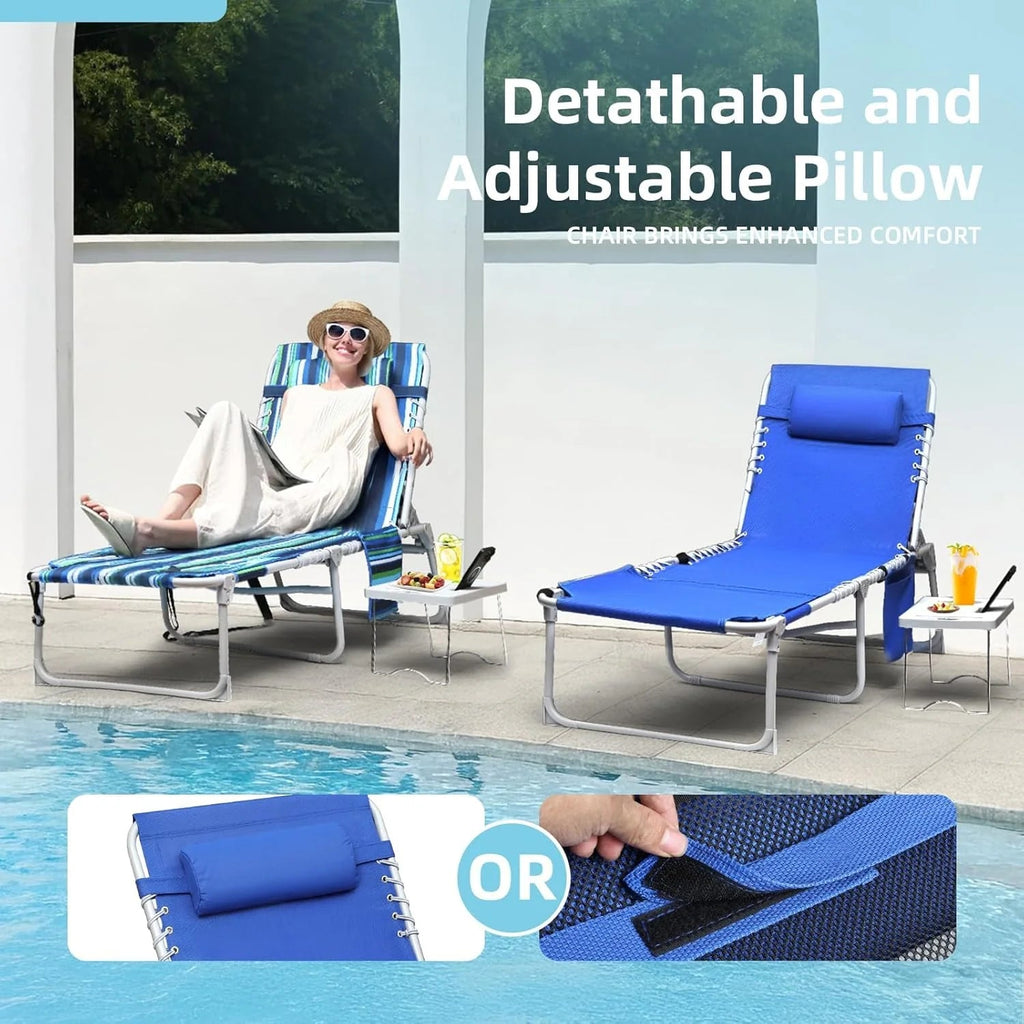 3-in-1 Outdoor Sun Tanning Lounge Chair with Face Hole 5-Position Recliner, Folding Side Table &amp; Removable Pillow, 330lbs Capacity, Blue