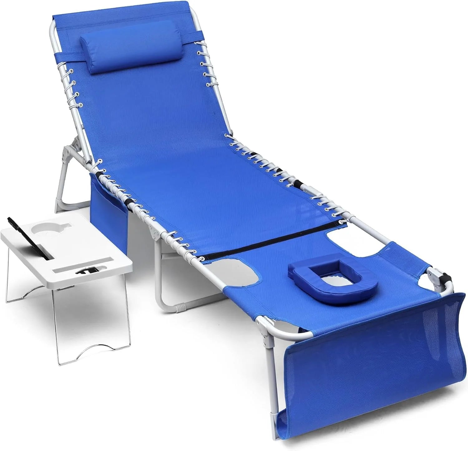 3-in-1 Outdoor Sun Tanning Lounge Chair with Face Hole 5-Position Recliner, Folding Side Table &amp; Removable Pillow, 330lbs Capacity, Blue