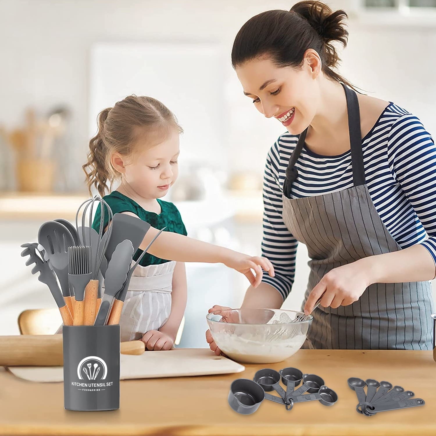 Silicone Cooking Utensils Set, 446°F Heat Resistant Wooden Handle Cooking Kitchen Utensils Spatula Set with Holder fo...