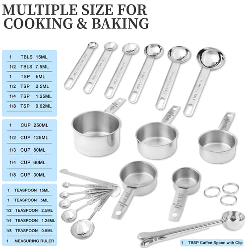 18-Piece Stainless Steel Measuring Cups and Spoons Set,5 Stainless Steel Nesting Measuring Cups & 6 Spoons,1 L...