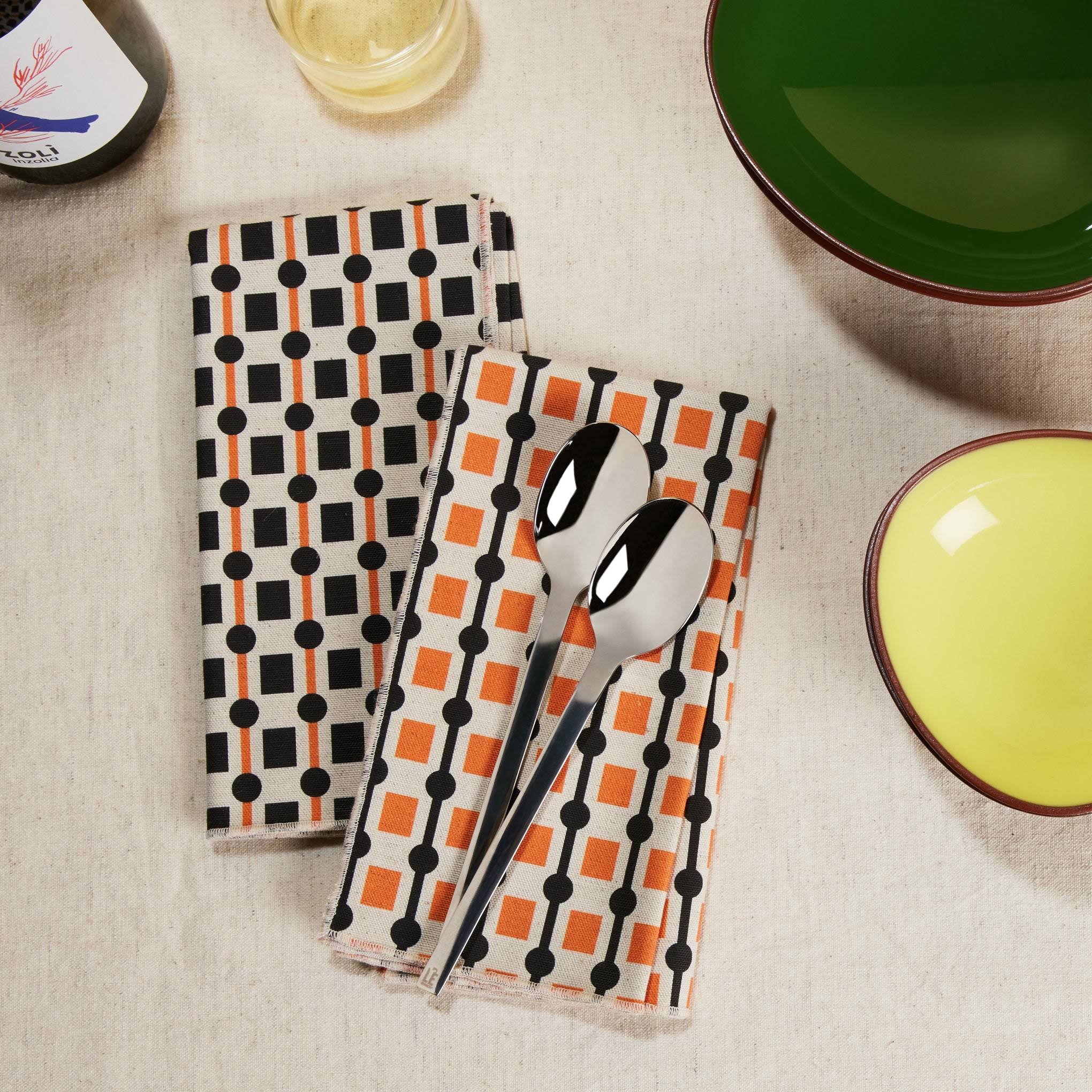 Geometric Cotton &amp; Linen Napkins - Set of 2 - Black/ Orange