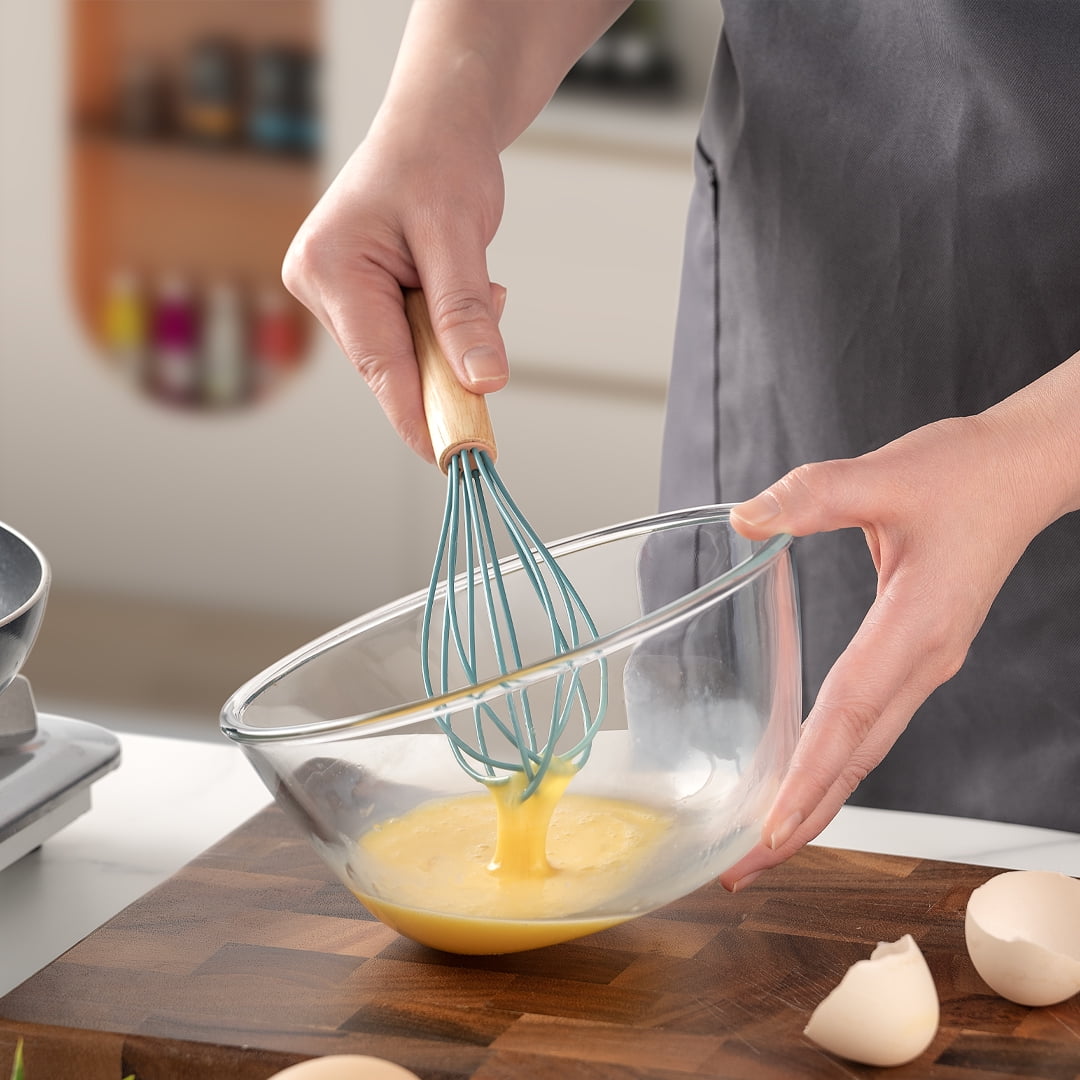 Small Silicone Cooking Utensils with Holder Set (12Pack), Aqua Kitchen Tools with Wooden Handle for Nonstick...