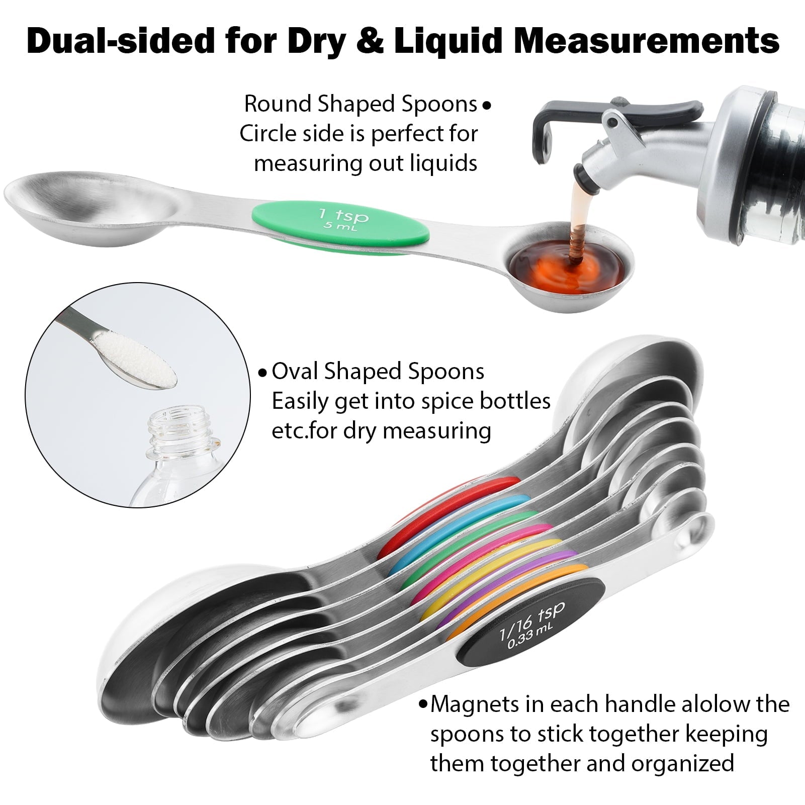 16 Piece Magnetic Measuring Cups and Spoons Set, Stainless Steel Nesting Metal Measuring Cups Set with Leve...
