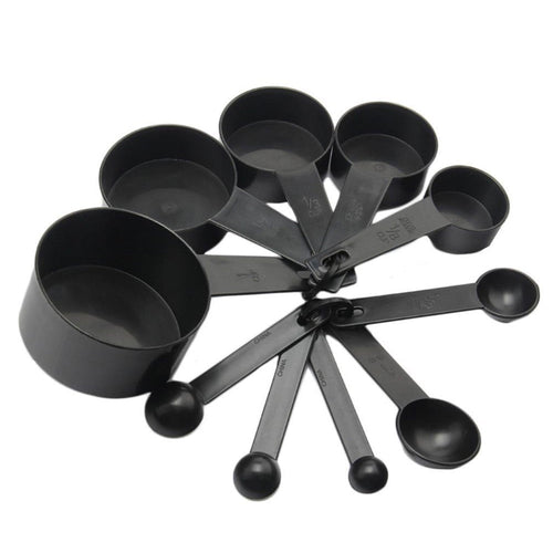 10 Pcs Black Plastic Measuring Spoons and Cups - Essential Tools for Baking and Coffee Brewing