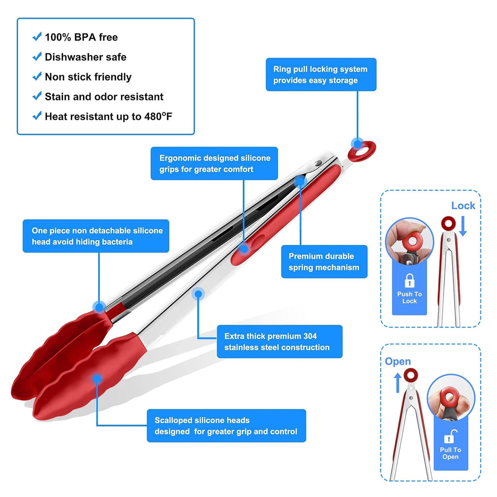 Stainless Steel Kitchen Locking Cooking Tongs with Silicone Tips,Set of 3-7" 9" 12", Red