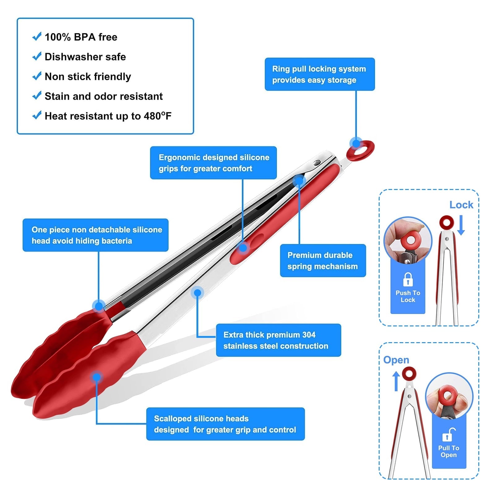 Stainless Steel Kitchen Locking Cooking Tongs with Silicone Tips,Set of 3-7" 9" 12", Red