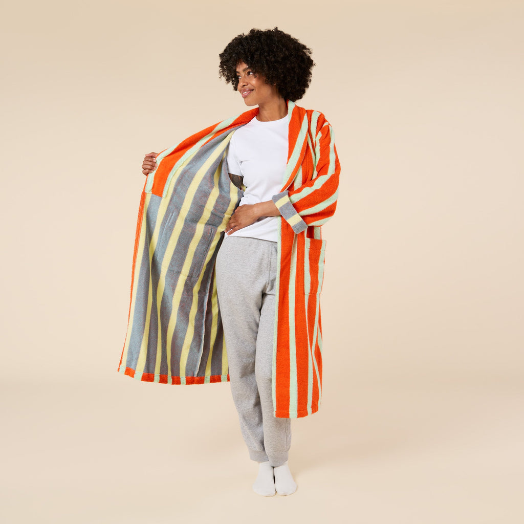 Dusen Dusen Striped Bathrobe - Orange/ Slate Gray