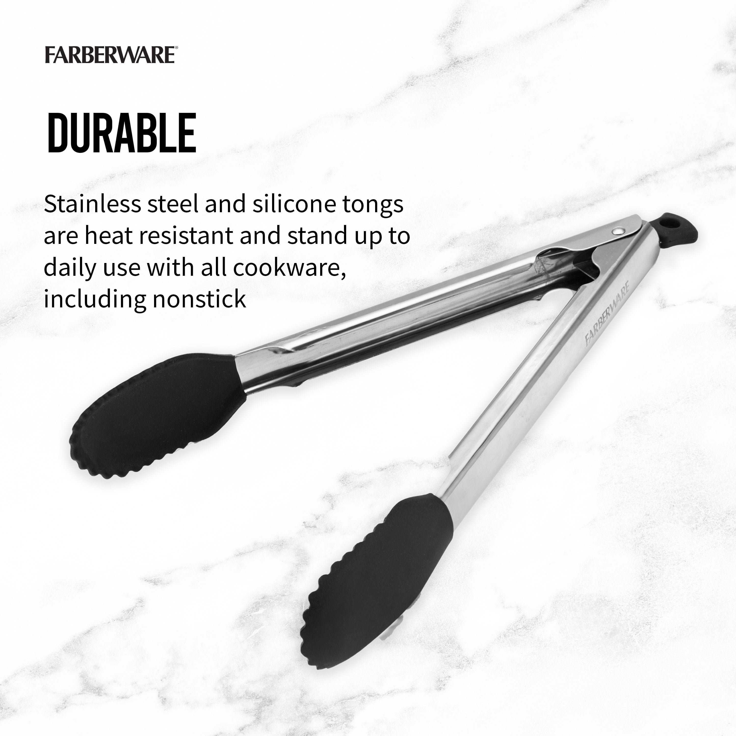 11-inch Silicone Tip Locking Food Tongs in Black and Stainless Steel