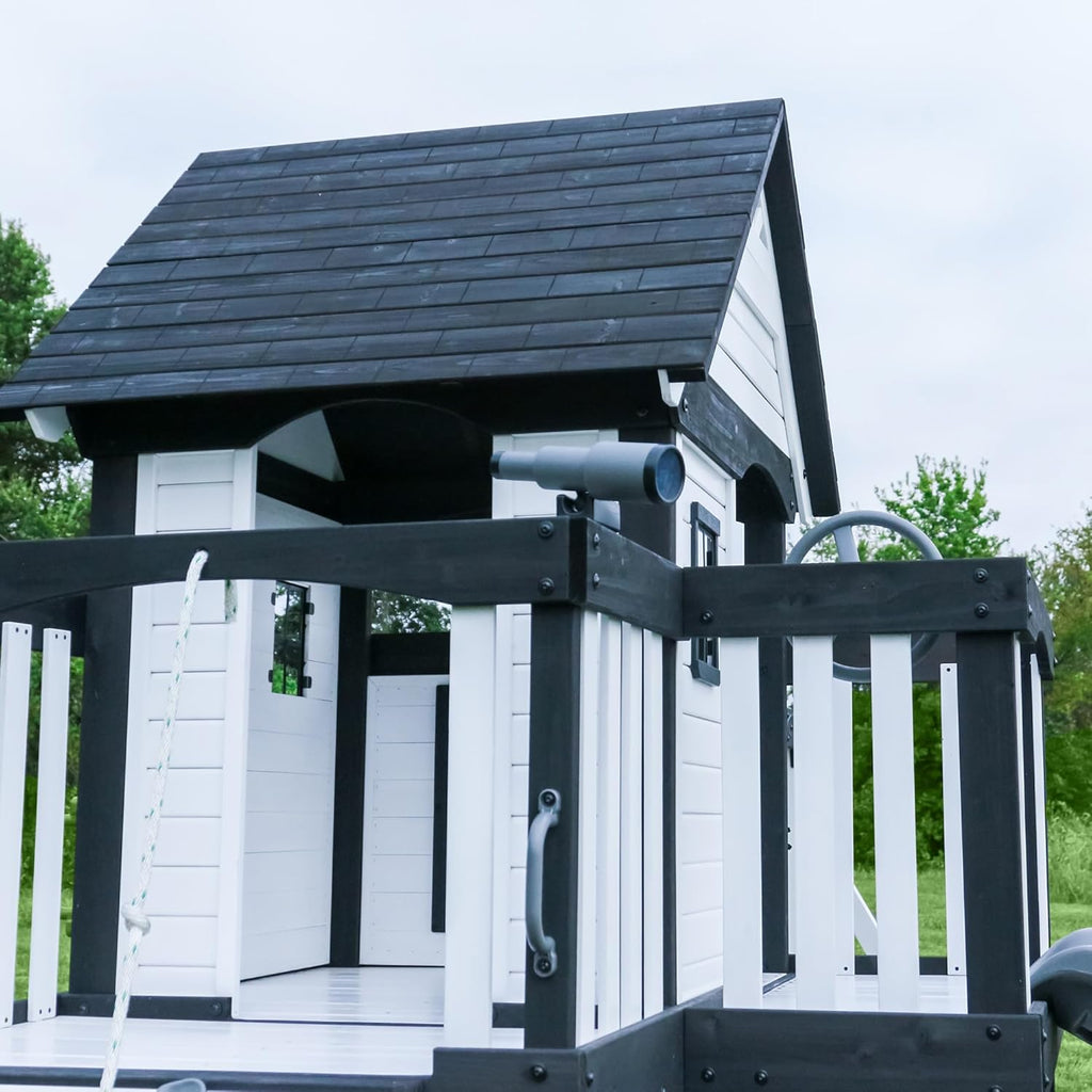 Backyard Discovery Canyon Creek Cedar Wood Swing Set with Wave Slide, Clubhouse, Play Kitchen, Picnic Area, Belt Swings, Web Swing, Rock Wall, Balconies, Playhouse, Step Ladder, Outdoor Playset