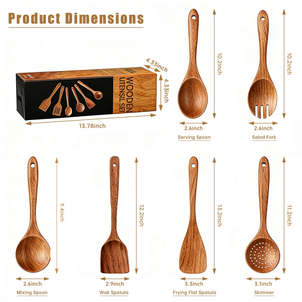 Wooden Spoons for Cooking, 6 PCS Teak Wood Cooking Utensil Set, Wooden Kitchen Utensils for Nonstick Pans & Cookware,...
