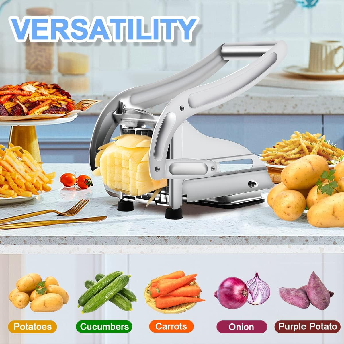 with 2 Blades, Professional Potato Stainless Steel, Potato Slicer Fries, No-Slip...