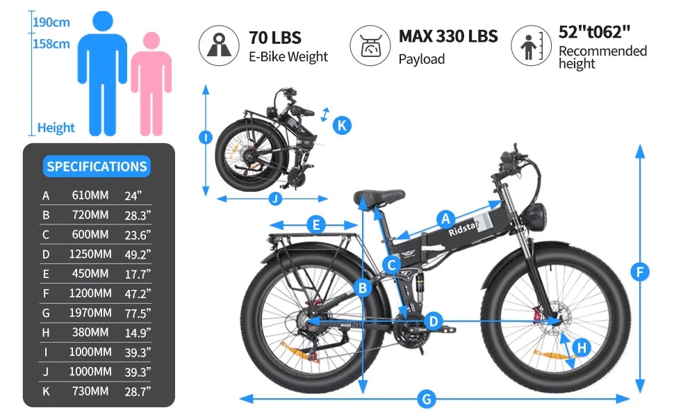 Eletric Bike for Adults 750W Motor 48V 20Ah Removable Battery 26?? Fat Tire Folding E-Bike Shimano 21-Speed MTB Cycling UL2849