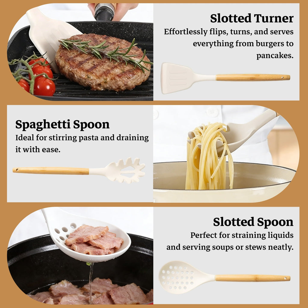 14-Piece Silicone Cooking Utensils Set, Non-Stick Kitchen Utensil Set for Baking, Flipping, Mixing, White