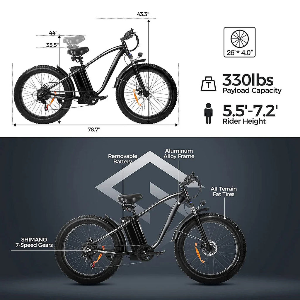 750W Electric Mountain Bike - 48V/15Ah Battery, Dual Disc Brakes, Shimano 7-Speed, Black