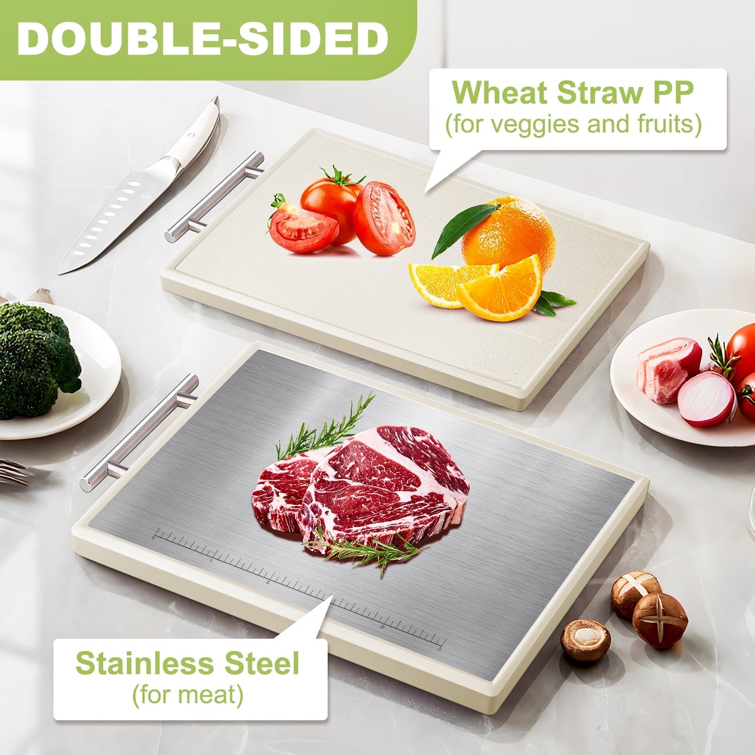 Stainless Steel Cutting Board: 16x10 inch Double-Sided, PP Chopping Boards with Stainless Steel Handles