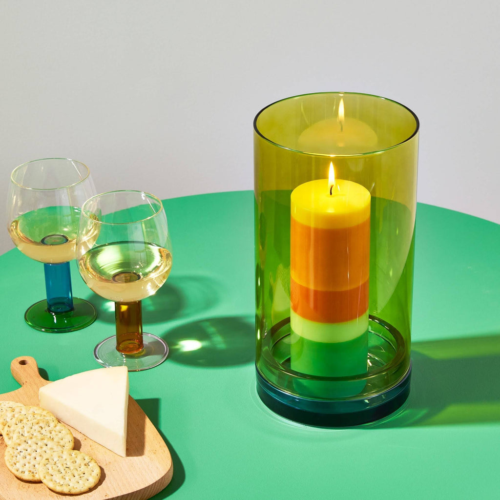 Glass Hurricane Lantern Candle Holder - Lime/ Blue