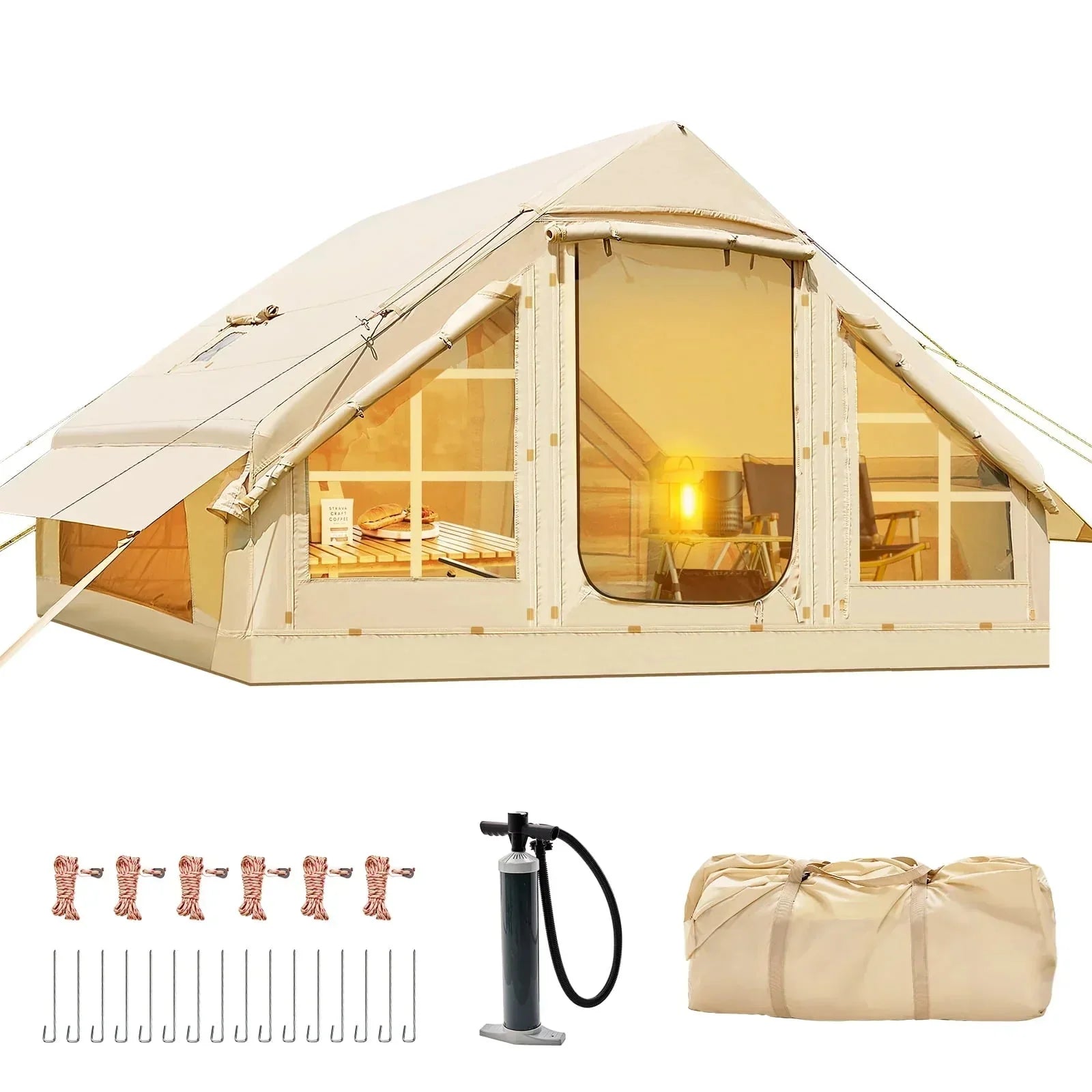 6 Person Inflatable Camping Tent with Pump, 10ft x7ft Glamping Family Tent Easy Setup 4 Season Waterproof Windproof Outdoor Blow Up Tent Luxury Oxford Cabin with Mesh Windows &amp; Doors sgtnighsdesigns