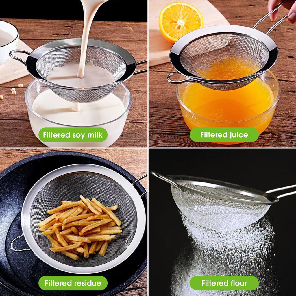 3-Piece Stainless Steel Fine Mesh Strainer Set, 4", 6", and 8", Kitchen Thin Mesh Strainer for Tea Flour Suga...
