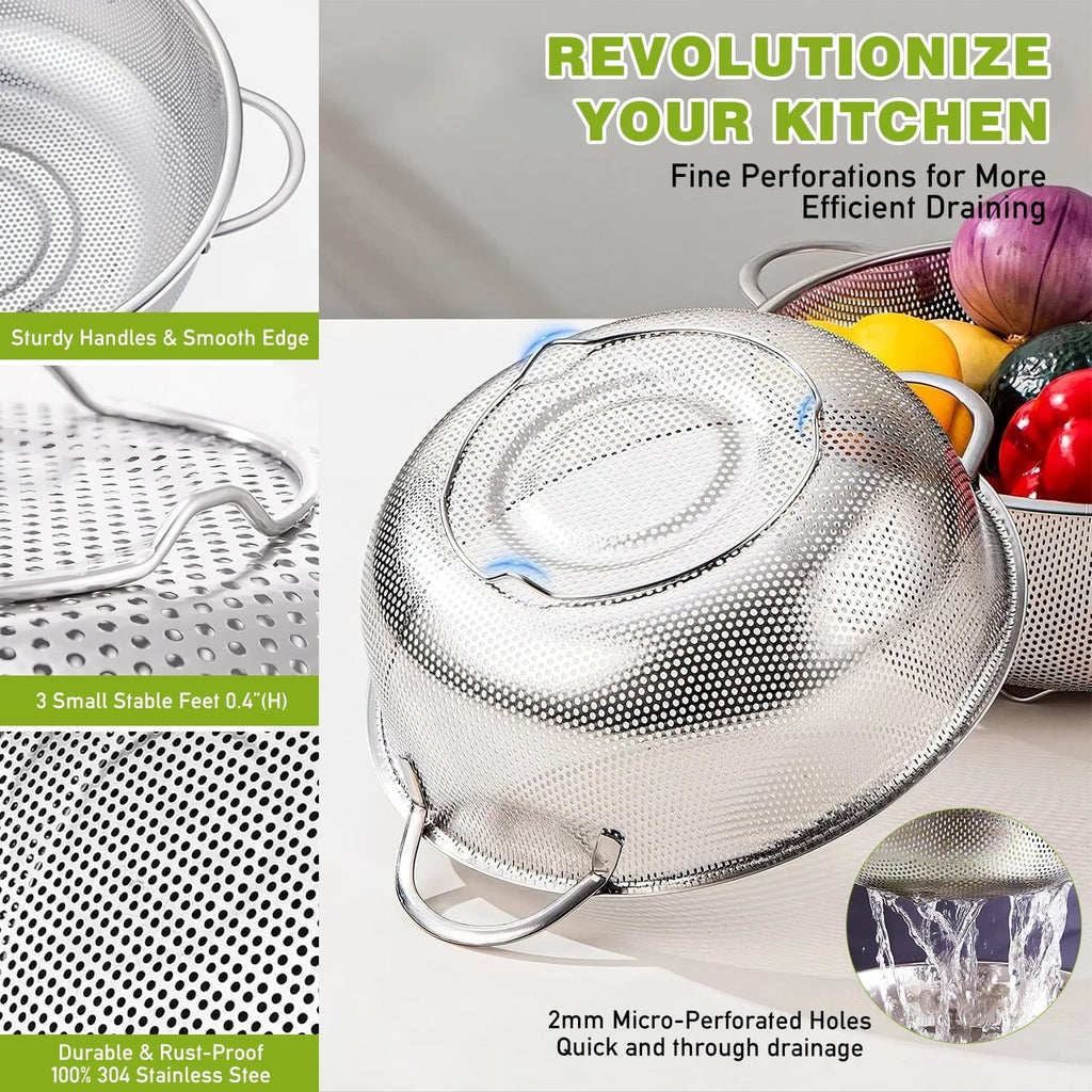 Colander Set of 3, Stainless Steel Micro-Perforated Colanders Strainers for Draining Rinsing Washing, Ideal for Pasta...