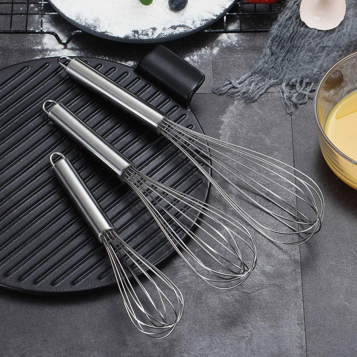Whisk Set Pack of 3 Stainless Steel 8" 10" 12" Whisks for Cooking, Beater, Kitchen Wire Wisk