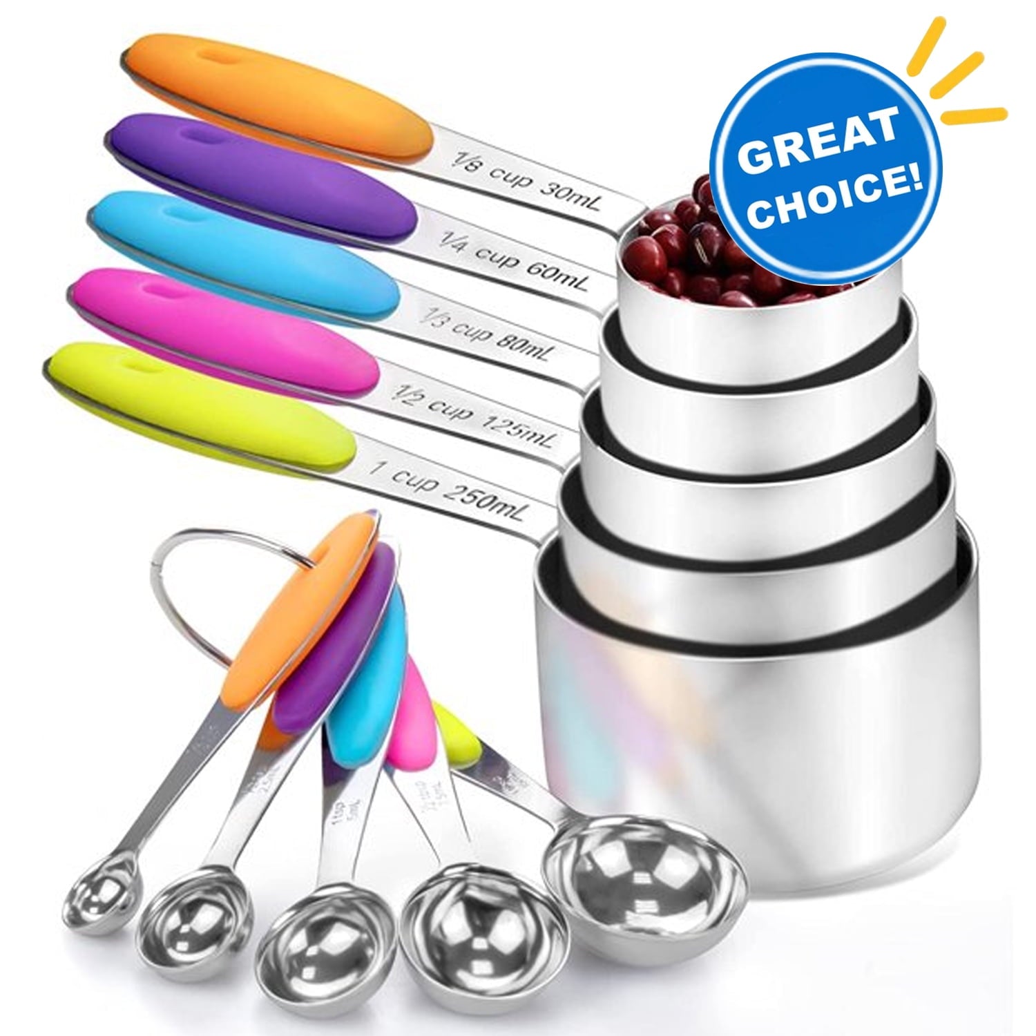 Stainless Steel Measuring Cups and Spoons Set, 10 Piece Measuring Spoons and Cups with Soft Silicone Handles...
