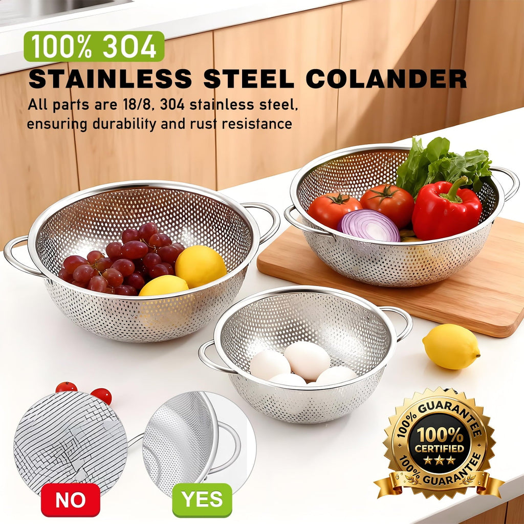 Colander Set of 3, Stainless Steel Micro-Perforated Colanders Strainers for Draining Rinsing Washing, Ideal for Pasta...