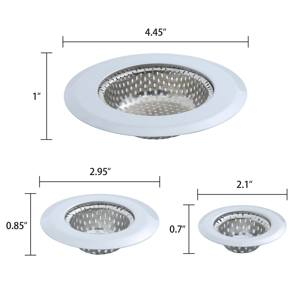 Stainless Steel Kitchen Sink Drain Strainer Set 3 Pack 4.45", 2.95", 2.1" Silver