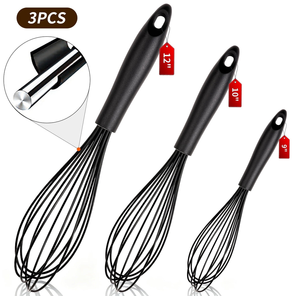 Silicone Wire Whisk, Egg Beater Set of 3, Non Scratch Stainless Steel Kitchen Whisks for Cooking, Blending, Beating, ...