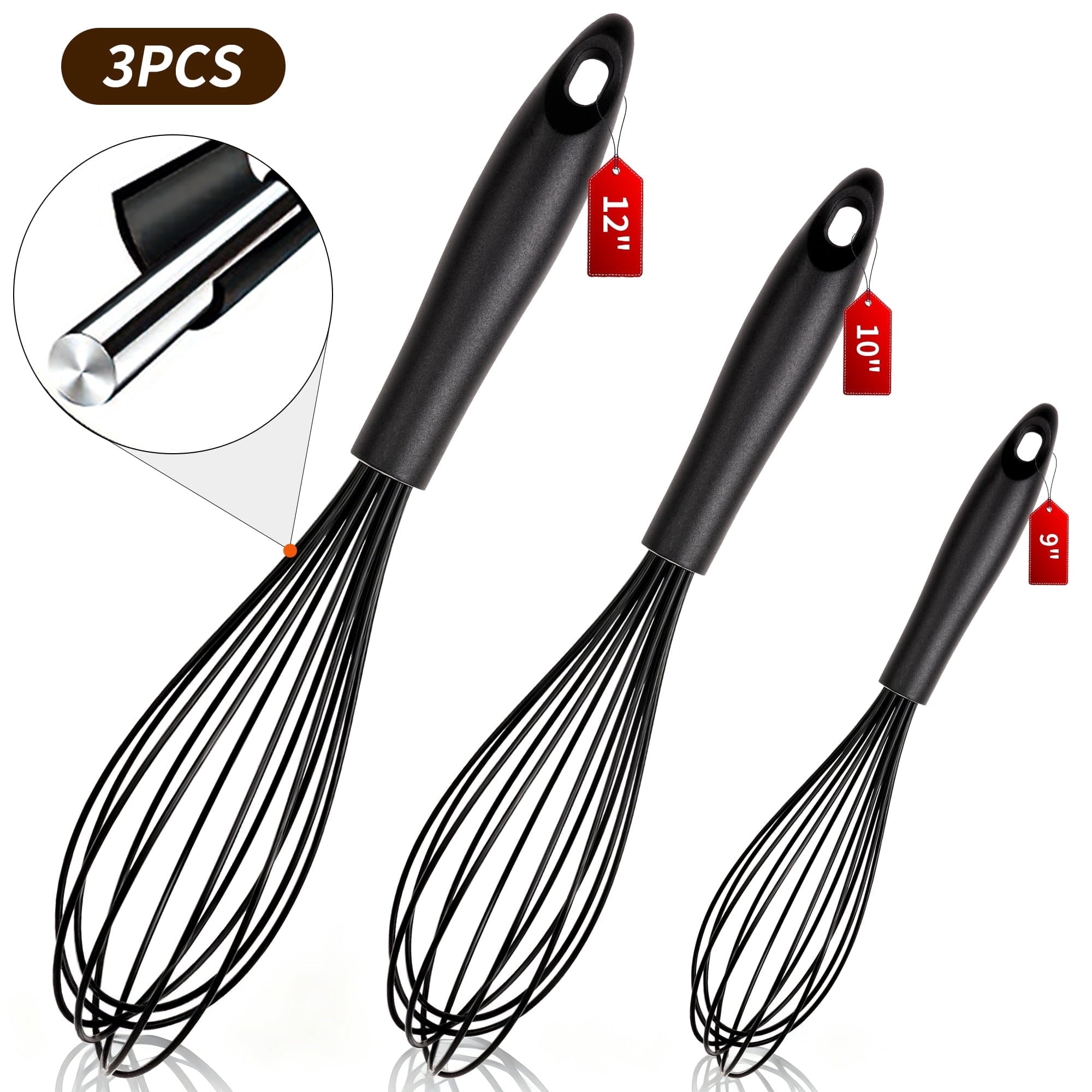 Silicone Wire Whisk, Egg Beater Set of 3, Non Scratch Stainless Steel Kitchen Whisks for Cooking, Blending, Beating, ...