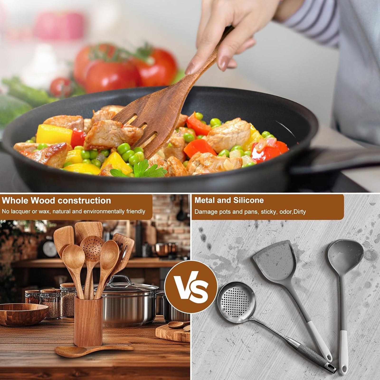 Wooden Spoons for Cooking, 8 Pcs Natural Teak Wooden Utensils Set, Non-Stick & Heat Resistant Durable Wood ...