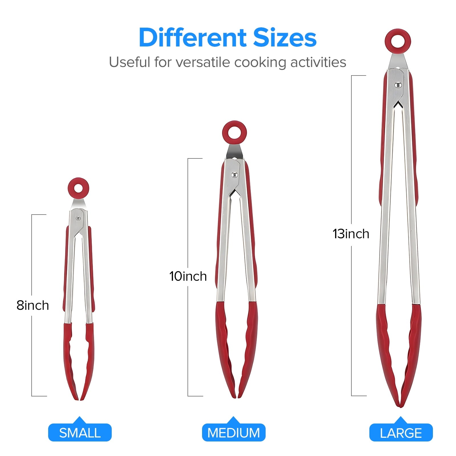 Stainless Steel Kitchen Locking Cooking Tongs with Silicone Tips,Set of 3-7" 9" 12", Red