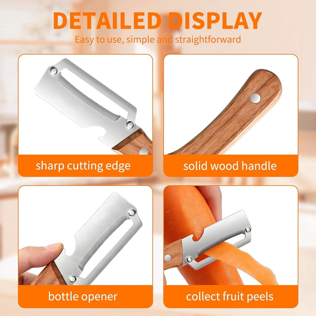 Vegetable Peeler for Kitchen, Stainless Steel Blade with Wooden Handle and Built-In Bottle Opener, f...