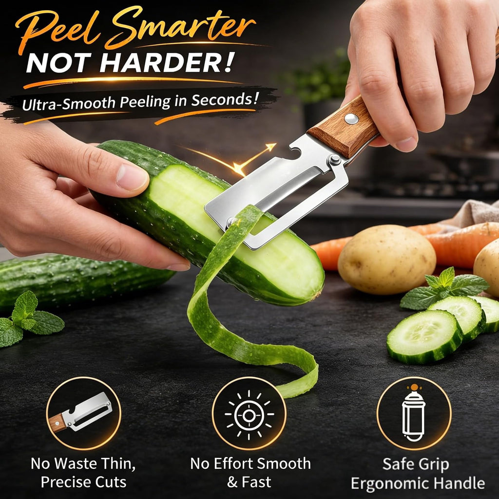 Wooden Kitchen Tool, Smooth Glide Vegetable Peeler with Stainless Steel Blade and Built-In Bottle Opener fo...