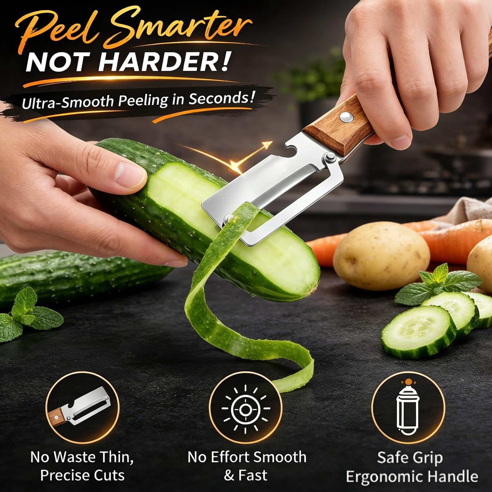 Wooden Kitchen Tool, Smooth Glide Vegetable Peeler with Stainless Steel Blade and Built-In Bottle Opener fo...