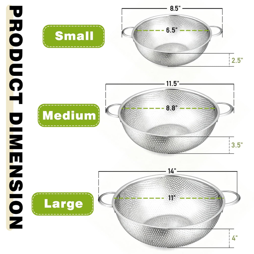 Colander Set of 3, Stainless Steel Micro-Perforated Colanders Strainers for Draining Rinsing Washing, Ideal for Pasta...