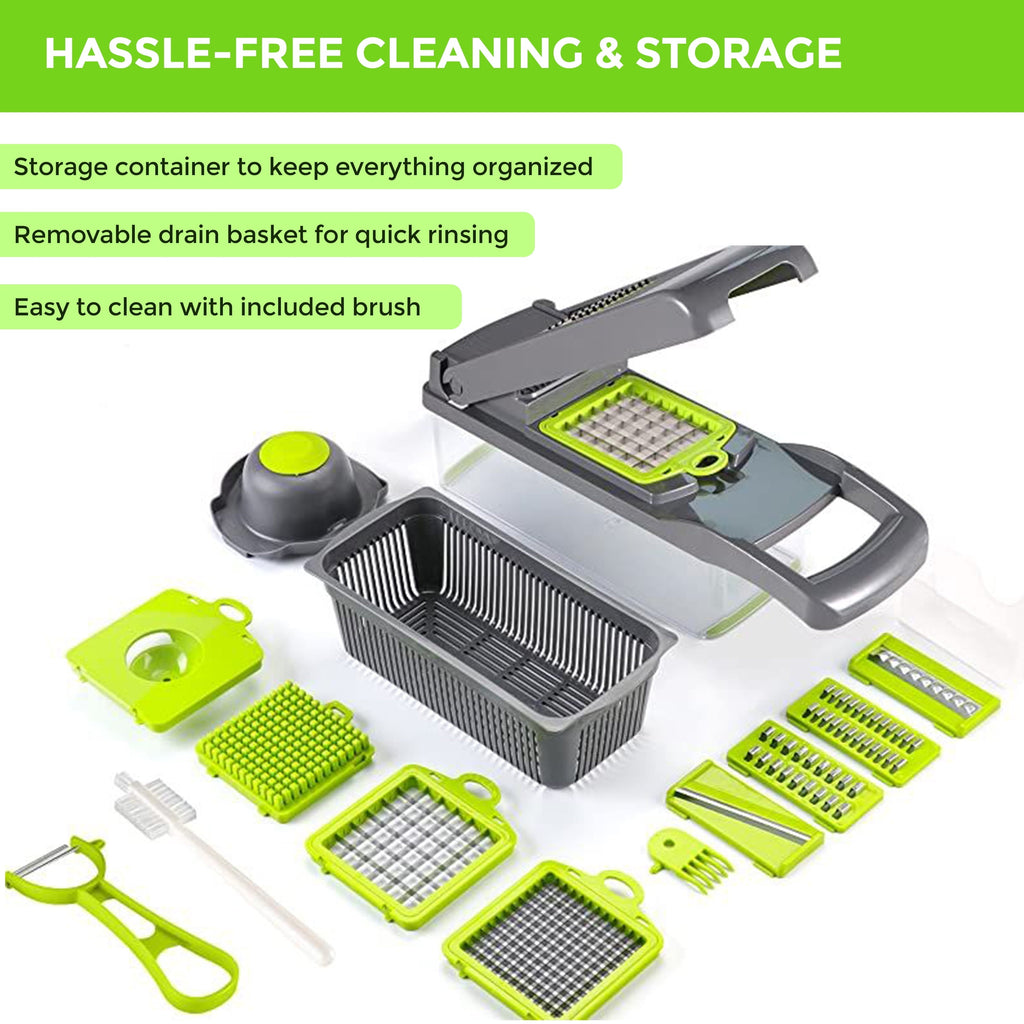 13-in-1 Vegetable Chopper & Slicer - Multifunctional Onion Chopper with 8 Blades, Colander Basket & Container | Mini ...