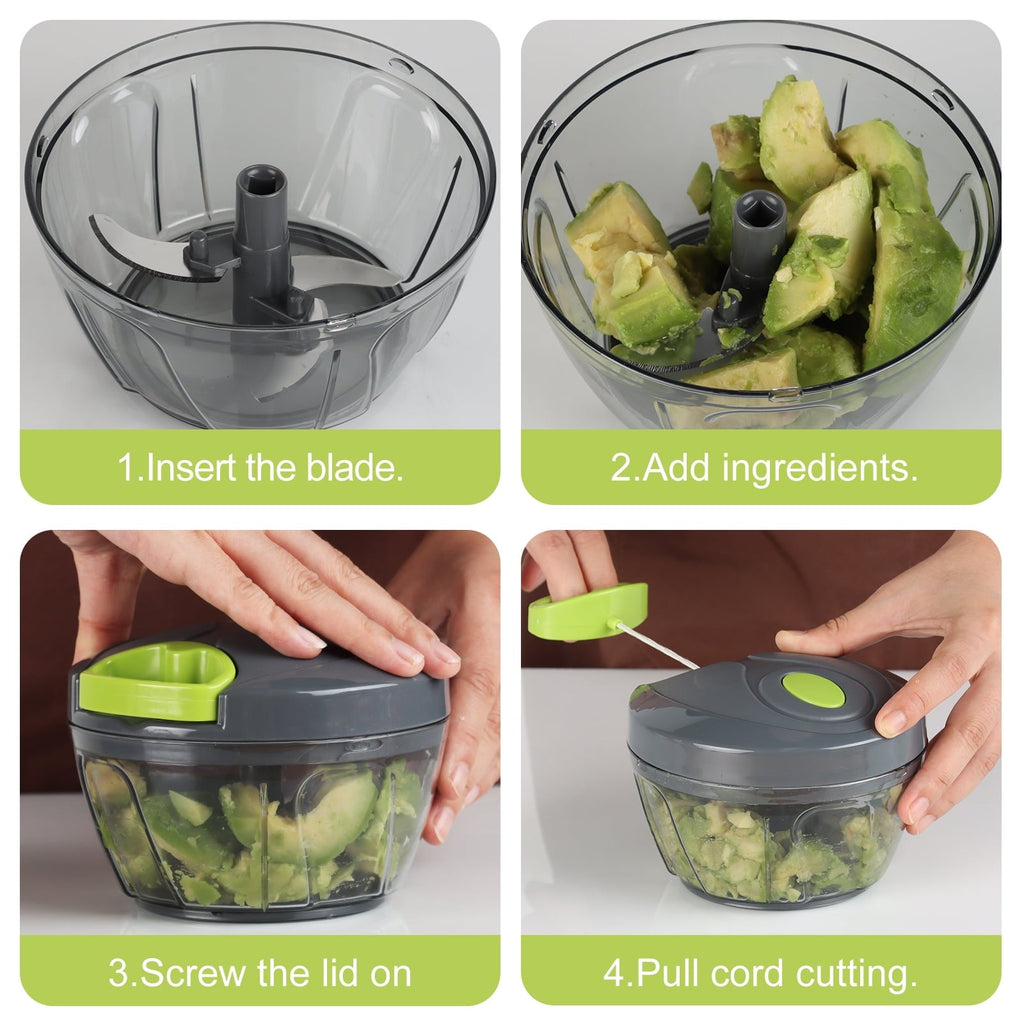 Vegetable Chopper Manual Food Processor with Pull Cord, 500 ml Hand-Powered Kitchen Cutter for Garlic, Onion, Veggies...