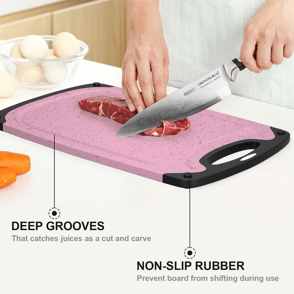 3-Piece Plastic Cutting Board Set, Durable Cutting Boards for Kitchen with Non Slip Handles and Juice Groove, Id...