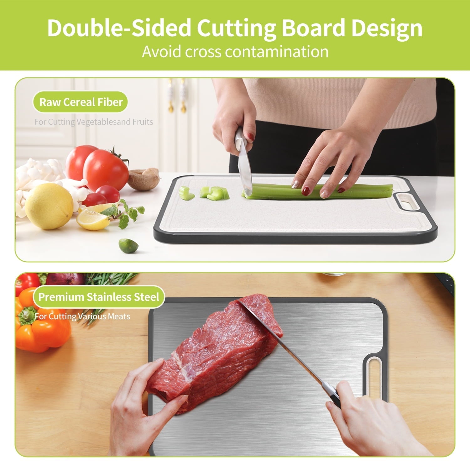 Stainless Steel Cutting Board Large, Double Sided Cutting Board for Kitchen, Non Toxic Chopping Board for Meat, Veget...