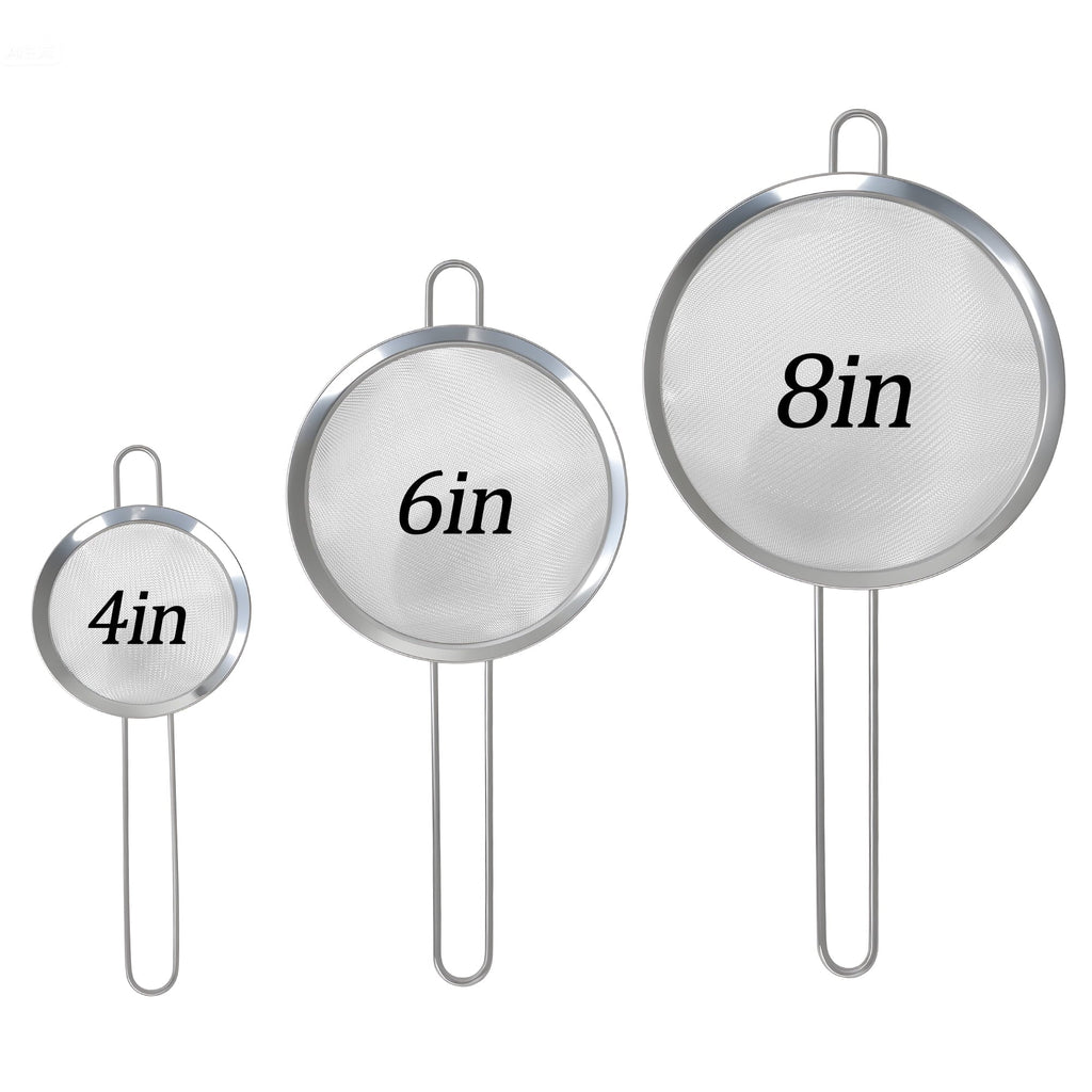 3-Piece Stainless Steel Fine Mesh Strainer Set, 4", 6", and 8", Kitchen Thin Mesh Strainer for Tea Flour Suga...
