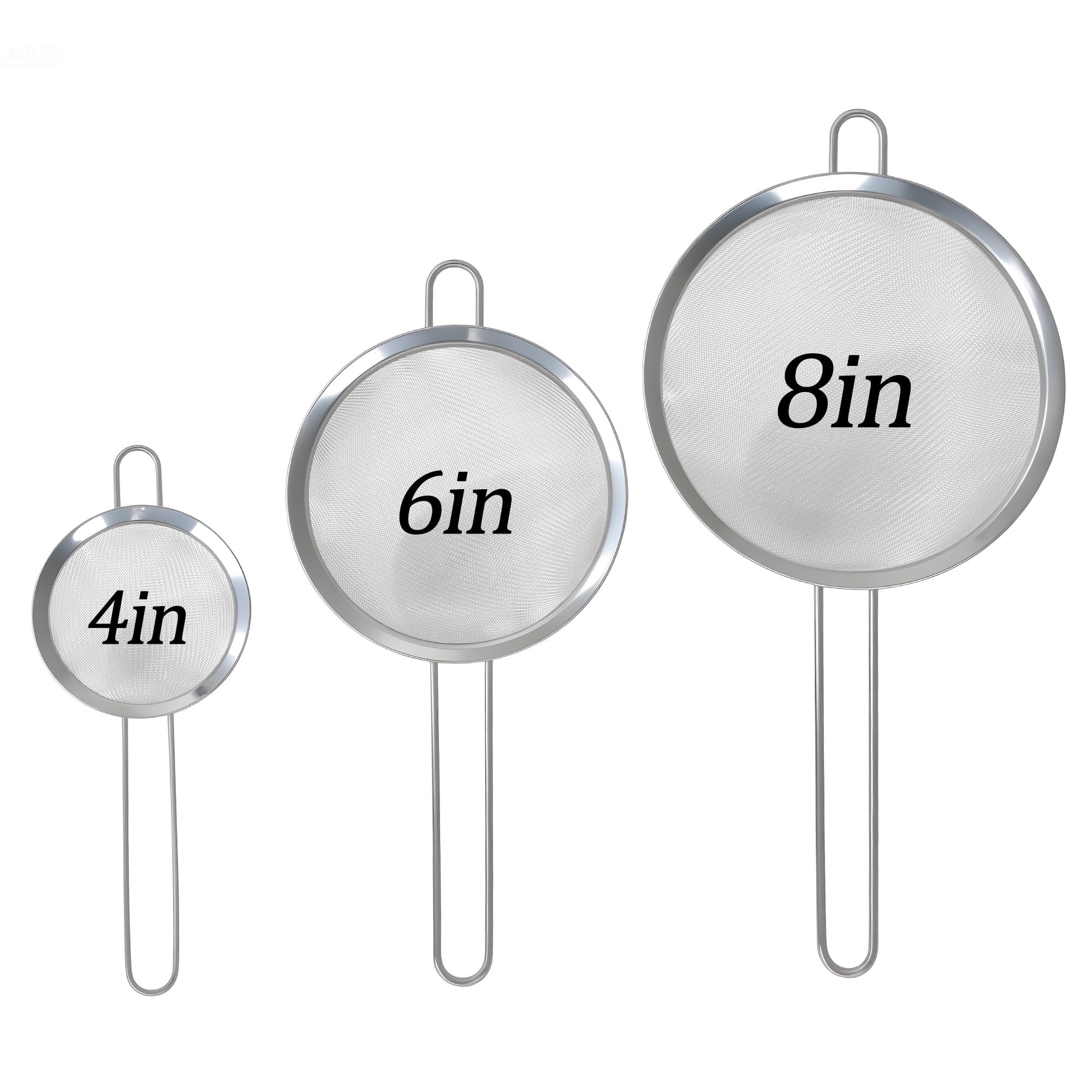 3-Piece Stainless Steel Fine Mesh Strainer Set, 4", 6", and 8", Kitchen Thin Mesh Strainer for Tea Flour Suga...