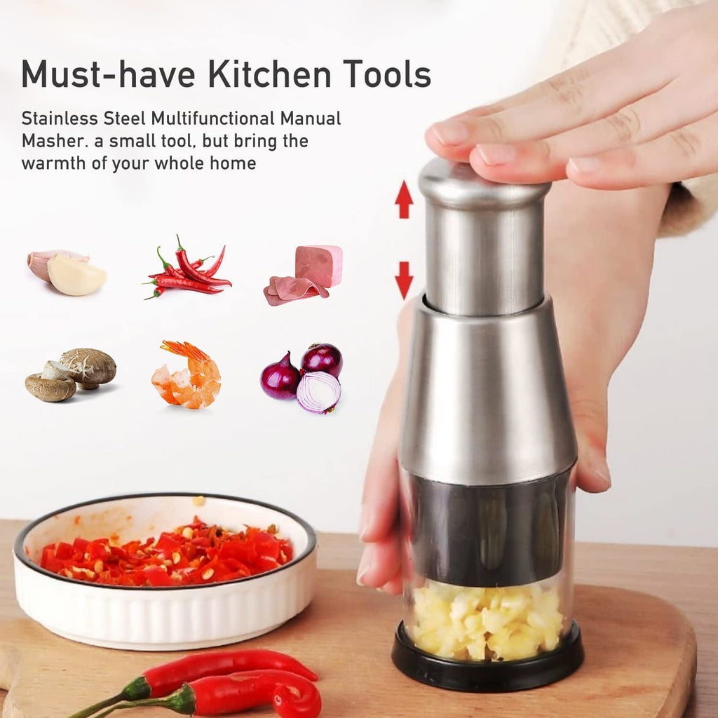 Stainless Steel Garlic Chopper Onion Press Manual Vegetable Chopper Easy Clean Silver Knives