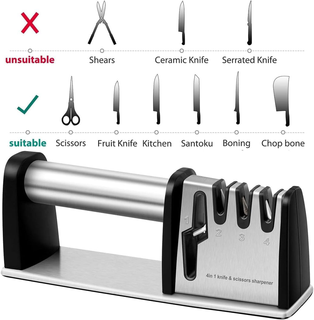 4-in-1 Professional Knife and Scissors Sharpener, Manual Kitchen Sharpening Tool, 8.5 Inch Length