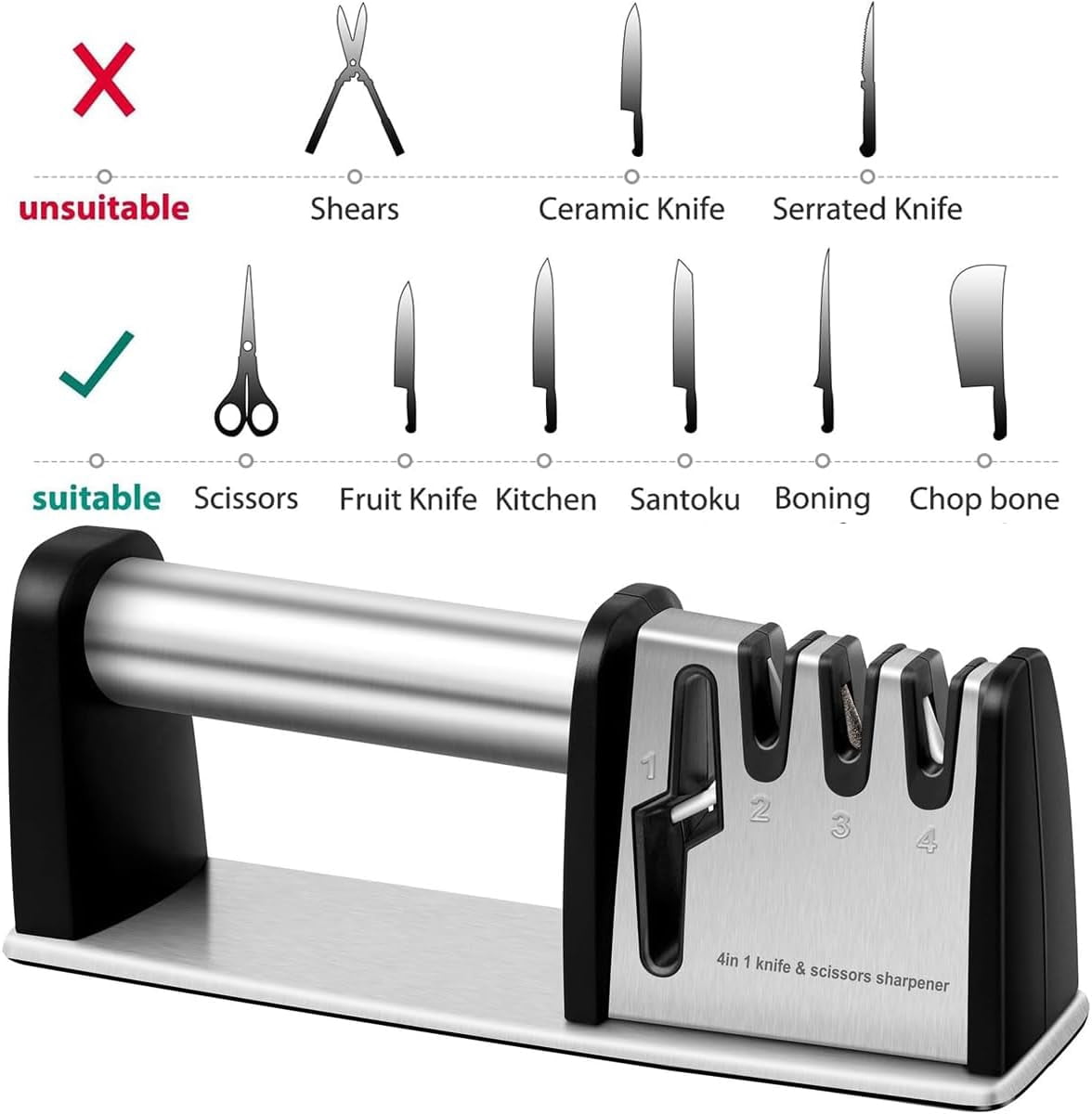 4-in-1 Professional Knife and Scissors Sharpener, Manual Kitchen Sharpening Tool, 8.5 Inch Length