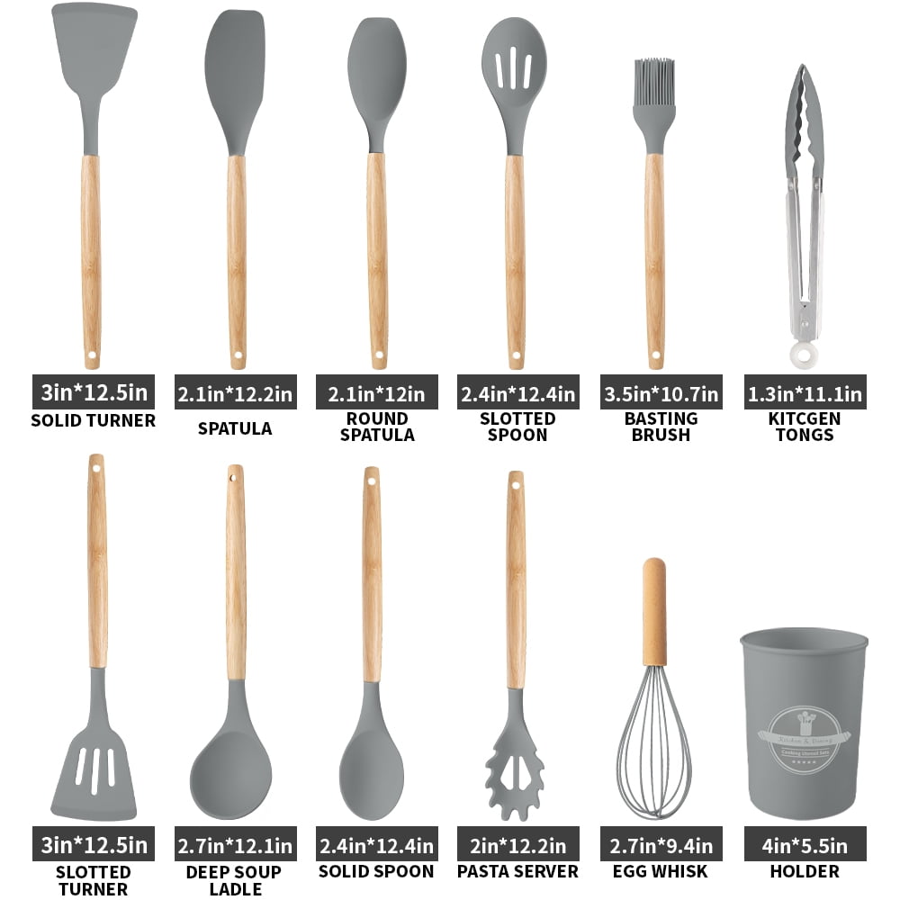 Silicone Wooden Heat Resistant Kitchen Utensil Set, 12 pcs