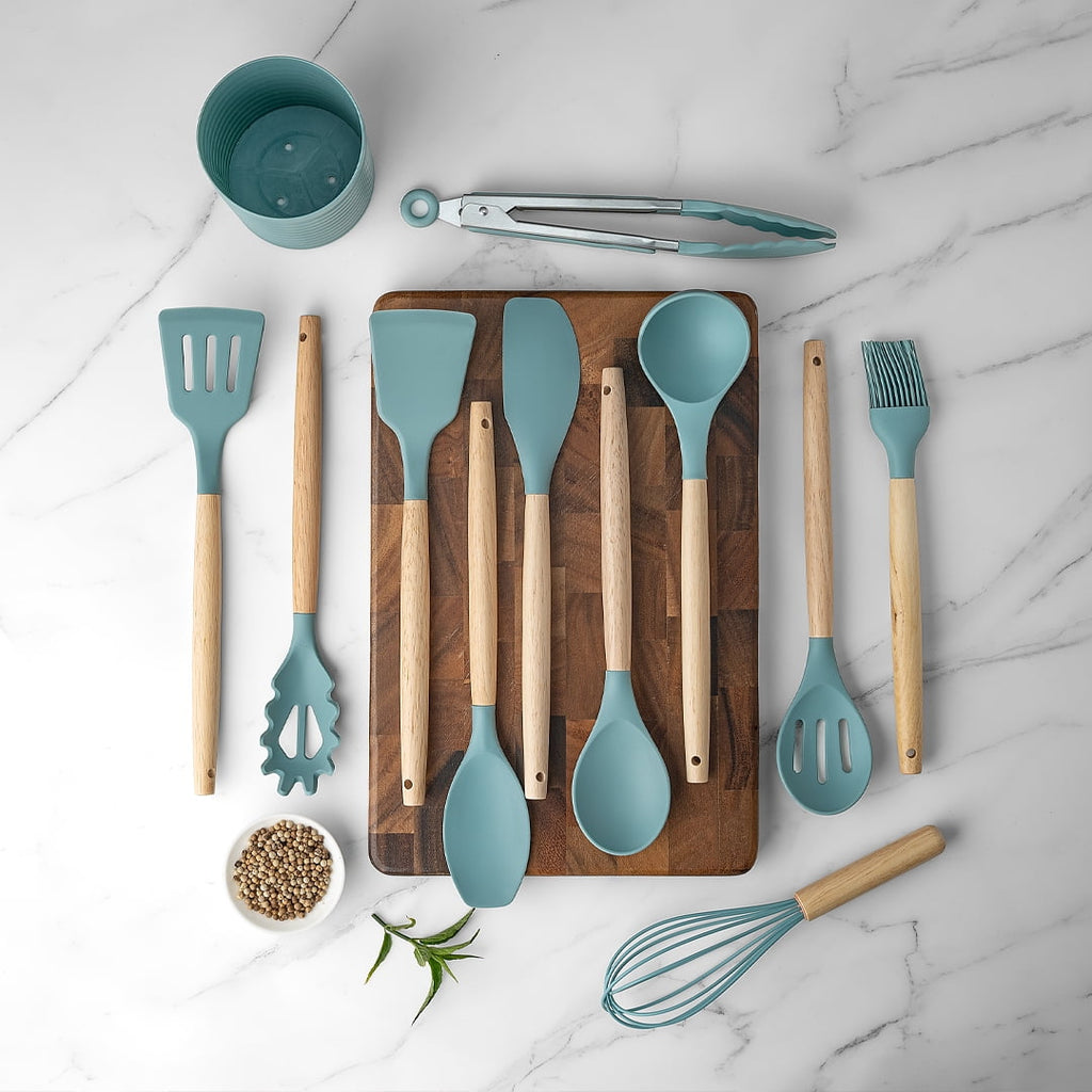 Small Silicone Cooking Utensils with Holder Set (12Pack), Aqua Kitchen Tools with Wooden Handle for Nonstick...