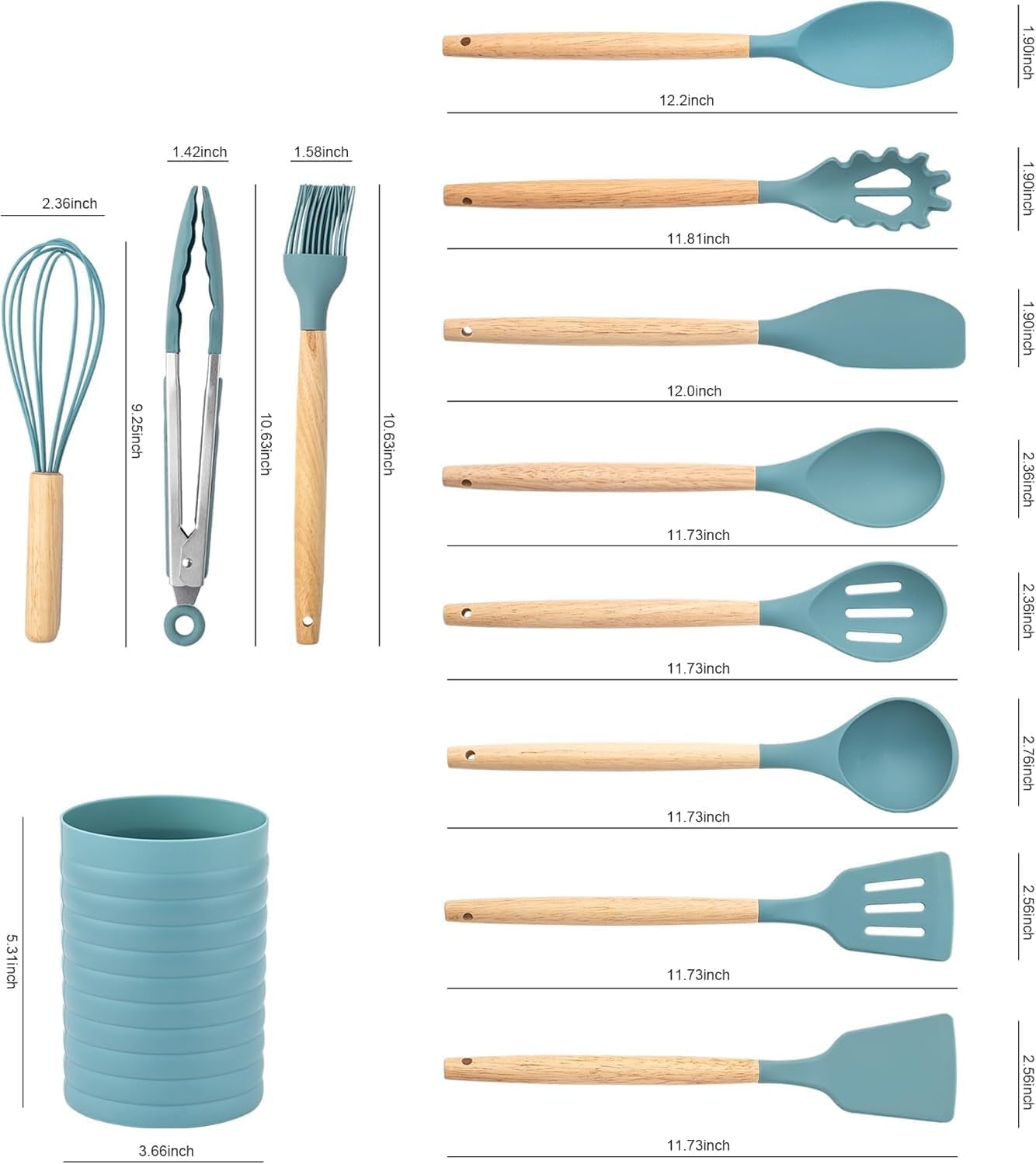 Small Silicone Cooking Utensils with Holder Set (12Pack), Aqua Kitchen Tools with Wooden Handle for Nonstick...