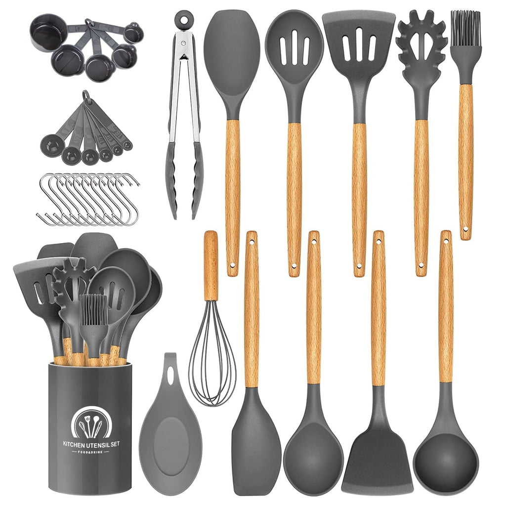 Silicone Cooking Utensils Set, 446°F Heat Resistant Wooden Handle Cooking Kitchen Utensils Spatula Set with Holder fo...