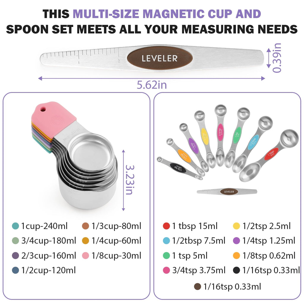 16 Piece Magnetic Measuring Cups and Spoons Set, Stainless Steel Nesting Metal Measuring Cups Set with Leve...